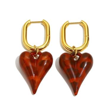 Imagem de Brincos de argola com estampa de leopardo de coração volumoso e inchado para mulheres, de aço inoxidável, quadrado, geométrico, pequeno, com argolas, pingente de resina, coração, amor, orelha, boho