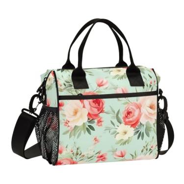 Imagem de Aquarela floral em uma lancheira verde isolada com alças, lancheira reutilizável grande, lancheira para mulheres, M