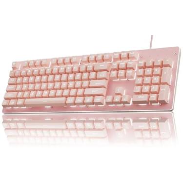 Imagem de SEUNKWANG Teclado mecânico EWEADN TK100 com fio, 104 teclados estéticos para máquina de escrever com retroiluminação branca, anti-fantasma, interruptor azul com fio, lindos teclados rosa