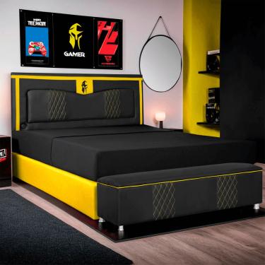 Imagem de Kit Quarto Gamer Baú e Painel Fighter USB 140cm Cama De Casal