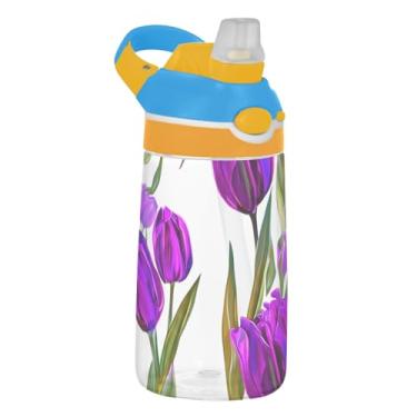 Imagem de Garrafa de água infantil Tritan de 473 ml com tampa de palha, garrafa de água esportiva à prova de vazamento de 473 ml, copo infantil reutilizável portátil, alça de transporte, tulipas roxas floral