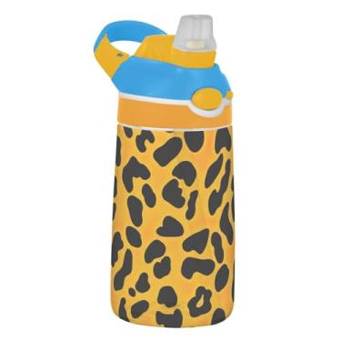 Imagem de Garrafa de água infantil Tritan de 473 ml, reutilizável, 473 ml, com canudo à prova de vazamento, copo infantil portátil, alça de transporte, estampa de leopardo preto e amarelo