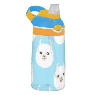 Imagem de Garrafa de água esportiva infantil Tritan de 473 ml com tampa de palha, garrafa de água reutilizável para escola, copos de viagem portáteis de 473 ml para crianças, alça de transporte, alpacas brancas
