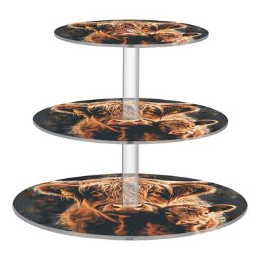 Imagem de Lindo suporte de cupcake Highland com 3 níveis de vaca e bezerro para festa, suporte acrílico para exibição de torre de cupcake, bandejas de servir, mesa de doces, suporte em camadas, aniversário