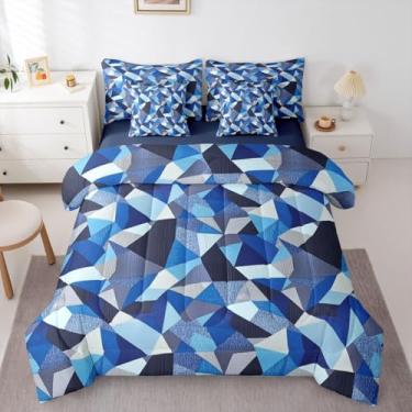 Imagem de Erosebridal Jogo de edredom King geométrico de losango, azul, cinza, diamante, triângulo, reversível, contemporâneo, respirável, leve