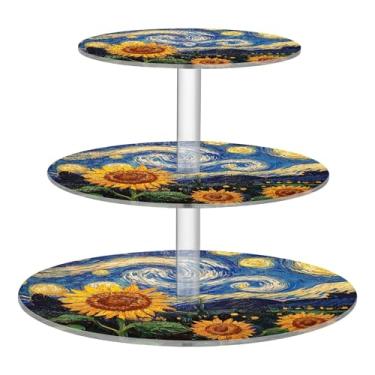 Imagem de Blue Starry Night Vintage Girassóis Tea Party Cupcake Stand 3 camadas redondo acrílico copo bolo torre exibição bar mesa suporte sobremesa suporte decoração chá festa aniversário