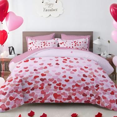 Imagem de Djoymock Conjunto de edredom King para o Dia dos Namorados – Cama reversível de microfibra leve em uma bolsa, 7 peças, 264 x 228 cm, coração rosa dégradé com edredom e lençóis