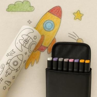 Imagem de Kit Rolo de Papel Adesivo Infantil com Bolsa de Canetinha 36cores para Colorir, Temas, 3 Metros, Folhas Destacáveis 50cm x 30cm (ESPACIAL)