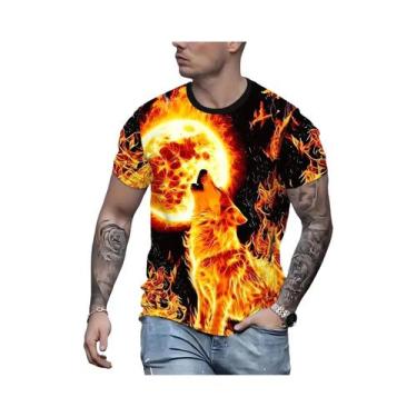 Imagem de Camiseta 3D Para Meninos Com Estampa De Lobo Em Chamas E Lua, Respiráv
