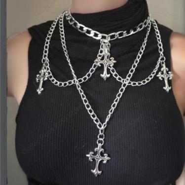 Imagem de 1 colar com pingente de prata metálico estilo gótico com várias camadas geométricas e estilosas, perfeito para uso diário feminino, festas, festivais de música e passeios.