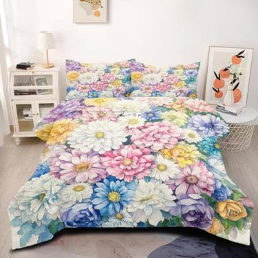 Imagem de CCoutueChen Conjunto de edredom vintage floral, tamanho casal, estampa de flores coloridas, conjunto de cama para meninas e adolescentes, 3 peças de microfibra macia e fofa com 2 fronhas/79 x 90