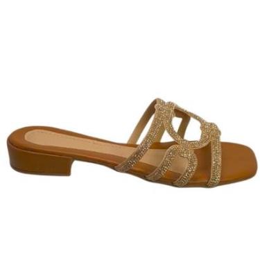 Imagem de Sandália Feminina Rasteirinha Bloco Salto Baixo Tira Strass Pedraria Elegante Confortável-Feminino