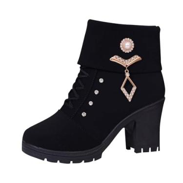 Imagem de Botas femininas de salto grosso com zíper lateral para outono e inverno moda cano médio salto alto casual, Preto, 35