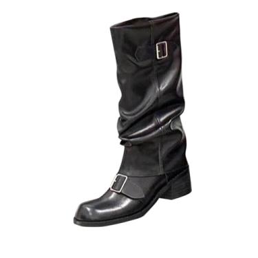 Imagem de Botas de cano alto femininas casuais estilo inverno bico redondo com fivela de cinto e design de salto baixo grosso, Preto, 35
