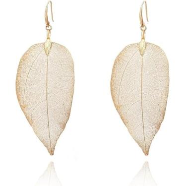 Imagem de Brincos femininos de aço inoxidável banhados a ouro com pingente de folha, Medium, Metal, Sem pedra preciosa