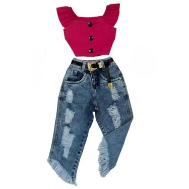 Imagem de Conjunto Infantil Blogueirinha Cropped Calça Jeans Moda Luxo - AK FASH