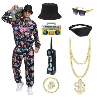 Imagem de Roupa masculina retrô dos anos 80 e 90 – 10 peças de fato de treino vintage com acessórios de hip hop, Preto, G