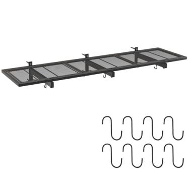 Imagem de Prateleira de parede de garagem, prateleiras de garagem resistentes, prateleiras montadas na parede, 116 x 32 cm, rack de armazenamento flutuante de metal com 4 ganchos, organizador utilitário carga
