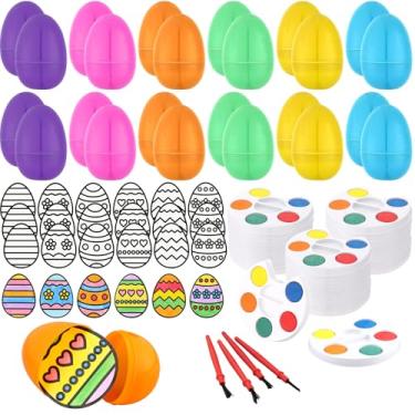 Imagem de Glenmal 24 Set Easter Egg Arts Crafts Kits DIY Coloring Cutouts Plastic Easter Eggs with Mini Watercolor Paint Pallet for Holiday Art Party Favors and Paint Party Supplies