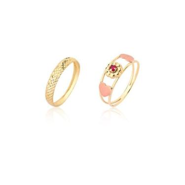 Imagem de Kit 2 Anéis Conjunto Anel Pedra Vermelha Aparador Ouro 18k - MAEHLER A