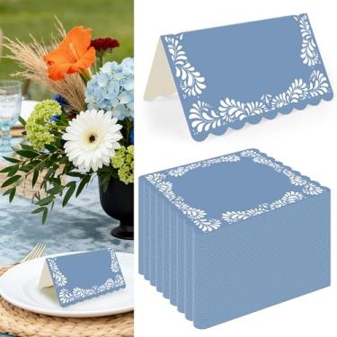 Imagem de 150 cartões de nome de casamento mexicana azul para mesa 5 x 9 cm Cielito Lindo cartões de nome para assentos dobrados, tabela de assentos para recepção de casamento, chá de bebê nupcial