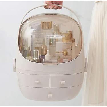 Imagem de Feiyx Organizador de maquiagem Suporte de caixa de armazenamento de cosméticos com capa livre de poeira e alça portátil, tampa totalmente aberta à prova d'água, gavetas à prova de poeira, para