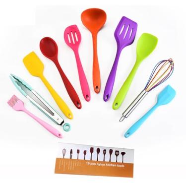Imagem de 10 peças Conjunto de Utensílios Cozinha Silicone - Resistentes a Calor 480 F Seguros para Panelas Antiaderentes Laváveis em Máquina Lavar Louça Cabos Aço Inoxidável Duráveis com Orelhas Pendurar Grau