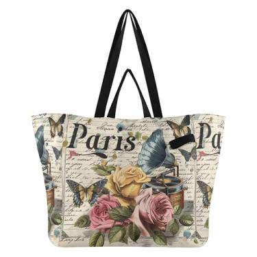 Imagem de SEHANY Sacola de compras reutilizável da Torre Eiffel de Paris com alças reforçadas, bolsa de compras de lona dobrável à prova d'água de grande capacidade para viagem, cozinha, praia