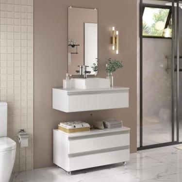 Imagem de Gabinete de Banheiro 80cm Completo – Cuba Integrada e Espelheira, Armário Espaçoso para Higiene, Cosméticos e Utensílios Doméstico Familiar (Branco Inteiro)