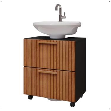 Imagem de Gabinete Coluna para Pia de Banheiro – Estilo Retrô com Prateleira Organizadora, Armário Vertical para Higiene e Cosméticos Doméstico (PRETO/RIPADO)