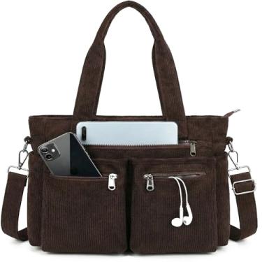 Imagem de Tuobo Bolsa feminina de veludo cotelê com bolsos, bolsa transversal grande para laptop, trabalho, faculdade, uso diário, viagens