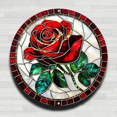 Imagem de Placa de parede redonda de metal de alumínio rústico vintage rosa vermelha vermelha com vitral, 20 cm, presentes e decoração para casa, escritório, café e quintal
