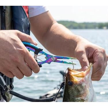 Imagem de Alicate de pesca multifuncional de aço inoxidável com nariz curvado em gancho, cortador de linha de anel aberto de titânio colorido e alça antiderrapante de prensagem de chumbo, azul