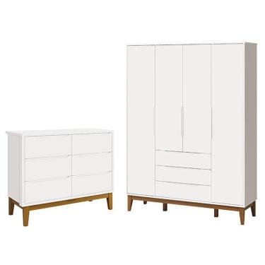Imagem de Cômoda Infantil 6 Gavetas Com Guarda Roupa Classic Elfe Branco Acetinado Com Pés Madeira - Reller
