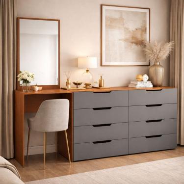Imagem de Cômoda Penteadeira 8 Gavetas Madrid Cinza/Freijó