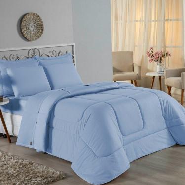 Imagem de Kit Edredom Dupla Face + Jogo De Lençol Queen Nobre 7 Peças Malha 100% Algodão - Azul-bebê