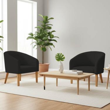 Imagem de Poltrona Sala Decorativa Kit 2 Stella Pé Madeira Trapézio Castanho Linho Preto D03 - D'Rossi