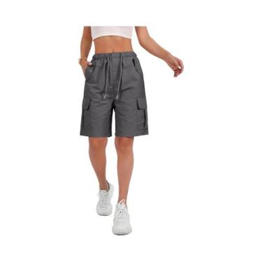 Imagem de Bermuda Cargo Feminina Com Comprimento Até O Joelho, 6 Bolsos, Cintura