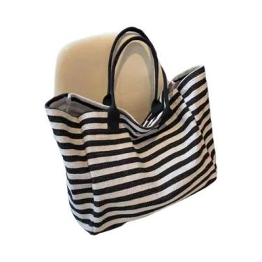 Imagem de Bolsa De Ombro De Lona Listrada De Grande Capacidade Para Mulheres, Ca