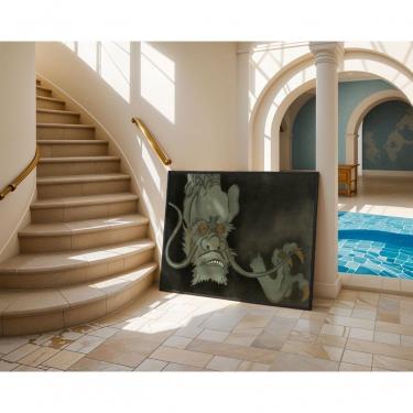 Imagem de Quadro Decorativo a Canção do Dragão Celestial Retangular 60 X 90 em Canvas com Moldura de Madeira com Vidro Amadeirado