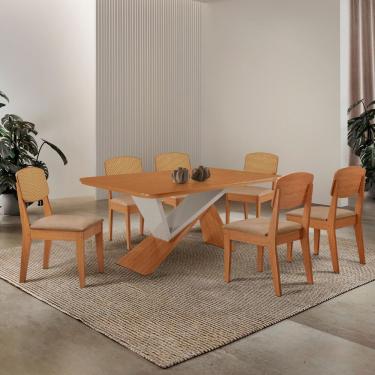 Imagem de Mesa De Jantar Yasmin Tampo Laminado Canto Copo E 6 Cadeiras Turim 07/naturale /off White