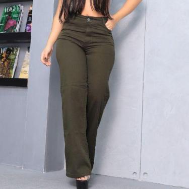 Imagem de Calça Wide leg verde exercito/musgo jeans feminina cintura alta premiu