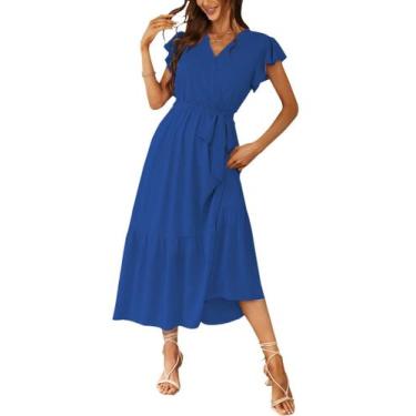 Imagem de Vestido PRETTYGARDEN Maxi Envelope Decote V Manga Curta XXL Azul Escur
