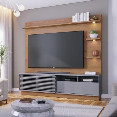 Imagem de Home TV Campeche para TV 70" 200CM em MDF e MDP com Porta de Correr Ripada LED freijó-c...