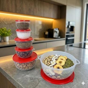 Imagem de Kit 6 Potes Plastico Redondos Bowl Livre Bpa Cor:Transp Vermelho - Cas