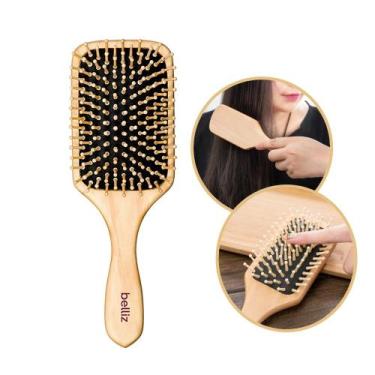 Imagem de Escova de Cabelo Belliz Raquete Cerdas de Madeira Reduz Frizz 25cm