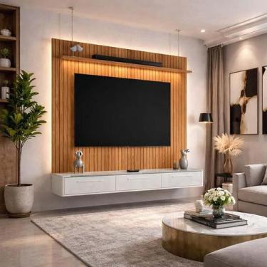 Imagem de Painel Évora para TV 75 com Bancada Bali 180cm Lukaliam Jequitiba Ripa