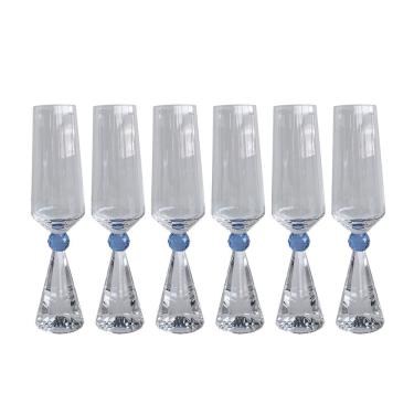 Imagem de Conjunto 6 Taças Diamond Para Champanhe Vidro com Base de Cristal Azul 305ml BJ0031 BTC