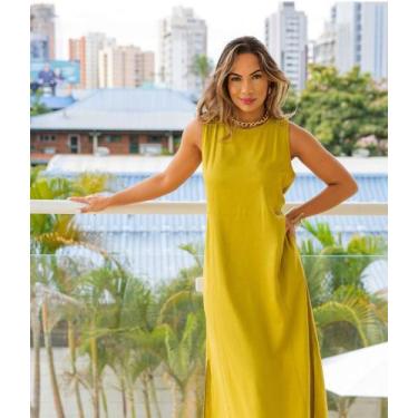Imagem de Vestido Feminino Longo Corte Reto  com Fendas na Lateral  Cor Amarelo 