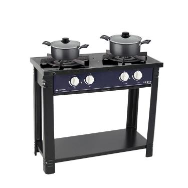 Imagem de Kit Fogão Industrial 2 Bocas Duplas Bravo BR2BF Azul com 2 Caçarolas Turim Chumbo 2,0L e 2,8L Venâncio